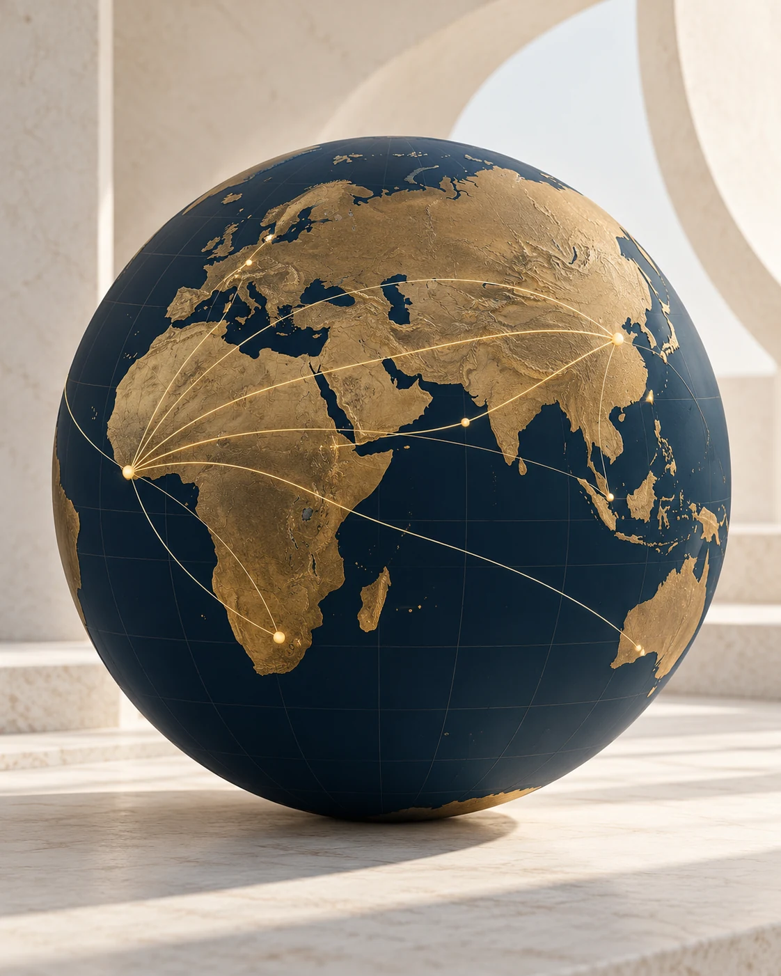 Navy and gold globe with connections between African, Asian and international markets